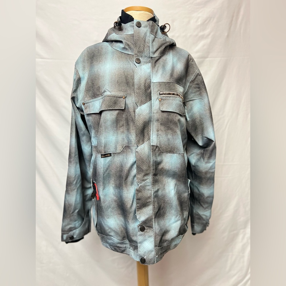 Woman Ski & Snow Jacket in Light Teal Plaid - Waterproof Hooded Coat